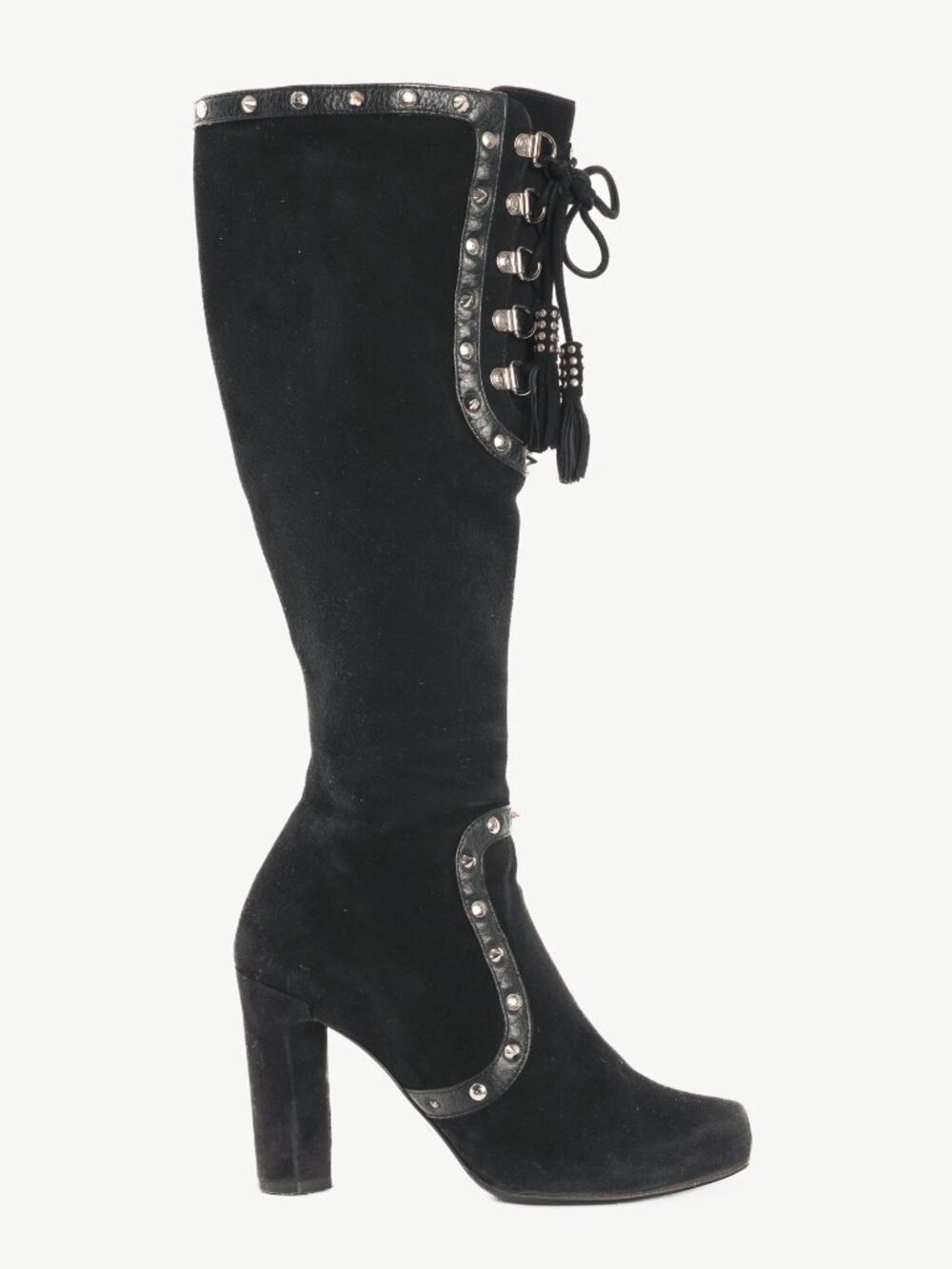 Dolce & Gabbana Black Suede Studded Lace-up Knee High Boots